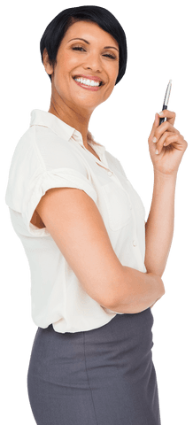 Smiling Caucasian Businesswoman Holding Pen on Transparent Background