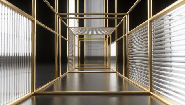 Golden Wire Cube Tunnel with Ribbed Panels and Reflective Floor