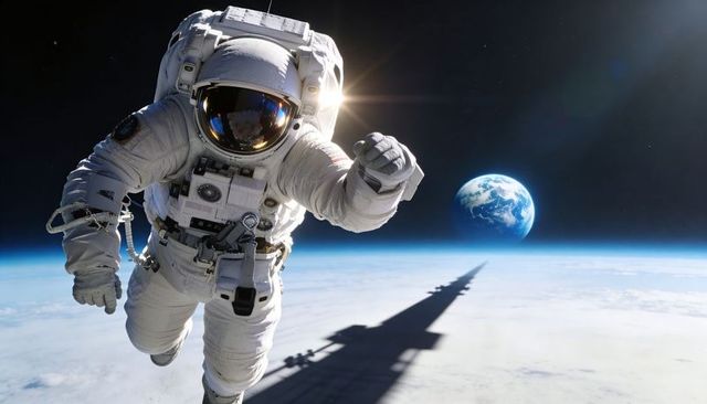 Astronaut Floating in Low Earth Orbit with Sun Glint on Visor and Earth Horizon