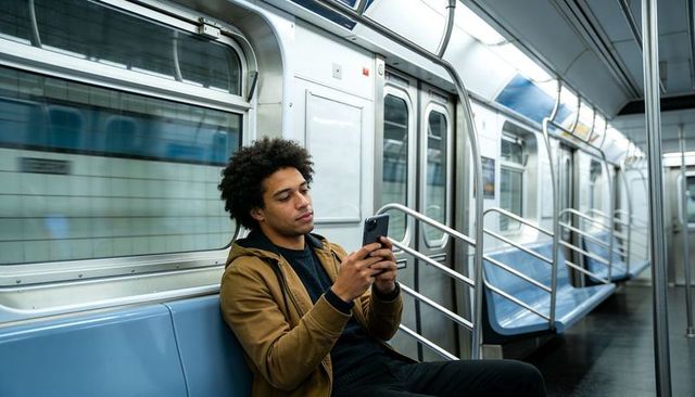 Commuter checking smartphone on empty subway seat modern metro transit interior