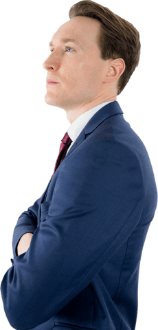 Thoughtful businessman in suit pondering with transparent background