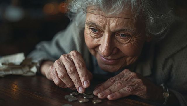 Senior woman counting coins on wooden table, close-up portrait of budgeting and resilience