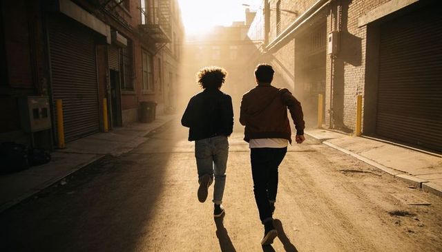 Backlit young friends running down sunlit urban alley at golden hour wearing casual jackets