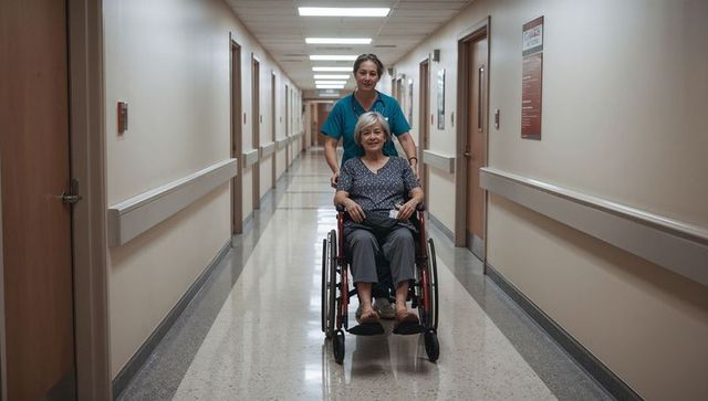 Nurse pushing senior woman in wheelchair down hospital corridor with calm caring presence
