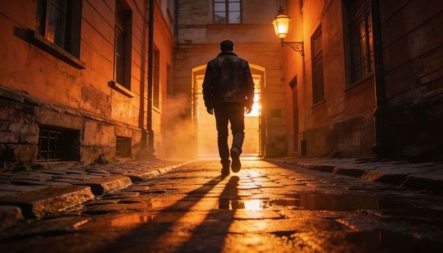 Backlit lone walker on wet cobblestone alley at golden hour, street lamp and mist