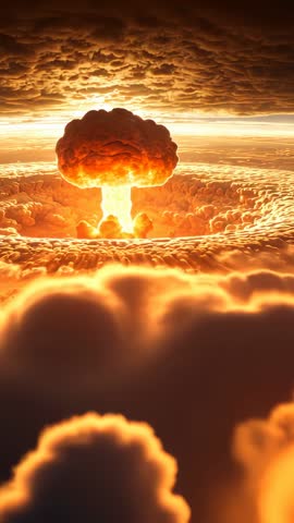 Vertical cinematic video of fiery mushroom cloud rising above cloudscape with sunlit glow