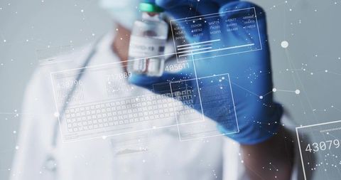 Examining vaccine vial with blue glove and futuristic medical data interface