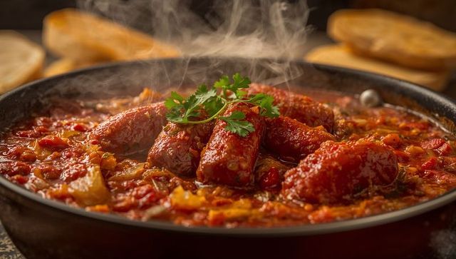Sizzling sausages simmering in rustic tomato sauce with toast
