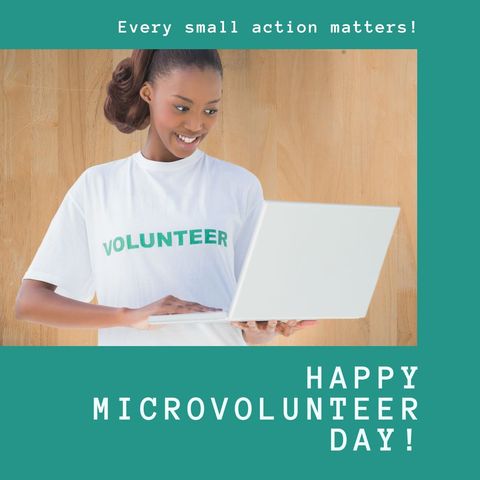 Smiling Volunteer Using Laptop for Microvolunteer Day Awareness - Download Free Stock Templates Pikwizard.com