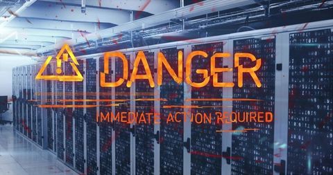 Data center alert with warning overlay for cybersecurity risk