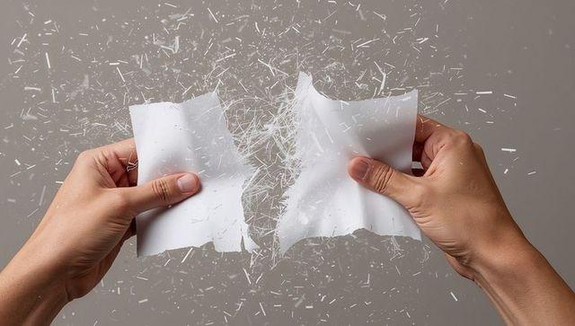 Tearing white paper in two hands with flying shreds and fragments on gray background