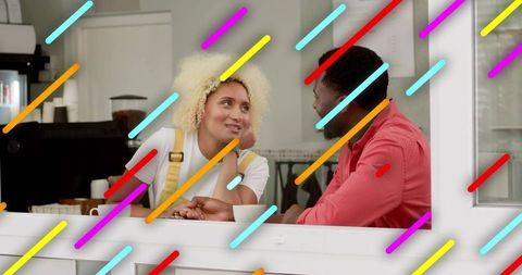 Friendly Chat in Modern Café with Playful Design Overlay