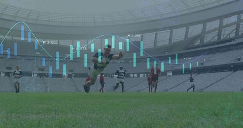 Rugby player scoring try with data overlay in stadium