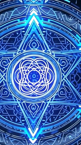 Pulsing Neon Hexagram Mandala Rotating on Dark Screen Futuristic Vertical Loop Animation