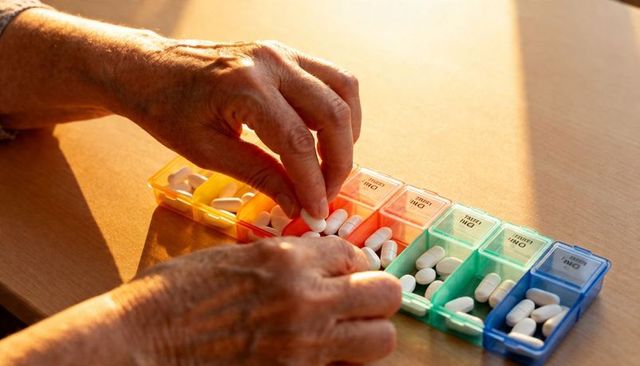 Senior hands sorting weekly pill organizer in warm sunlight closeup for medication care