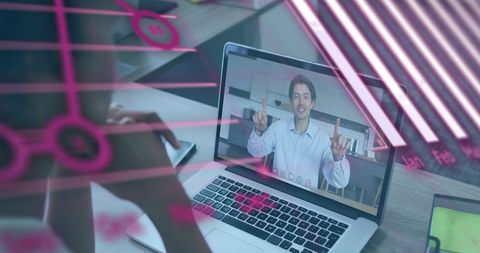 Business Professional in Virtual Meeting with Digital Graph Overlay