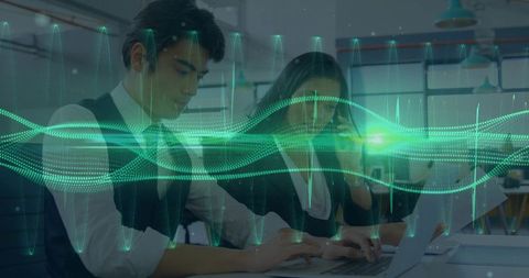 Business team typing and calling with green waveform data overlay for analytics