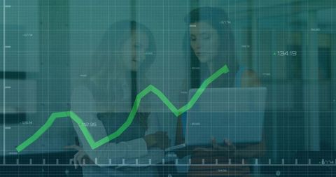 Businesswomen Reviewing Data Dashboard with Rising Green Financial Graph