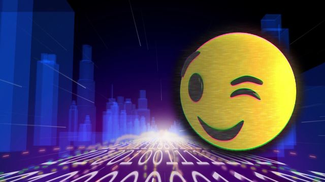 Abstract image depicting a winking emoji set against a futuristic digital city skyline, entwined with streams of binary code, symbolizes modern communication and social media technology. Ideal for topics involving IT, data flow, tech advancements, digital transformations, and online interaction.