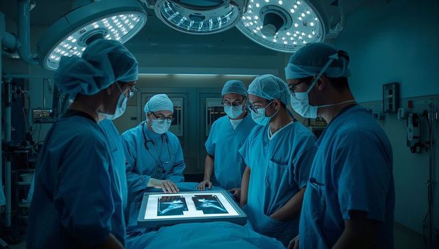Multidisciplinary surgical team examining radiographs on display in operating room