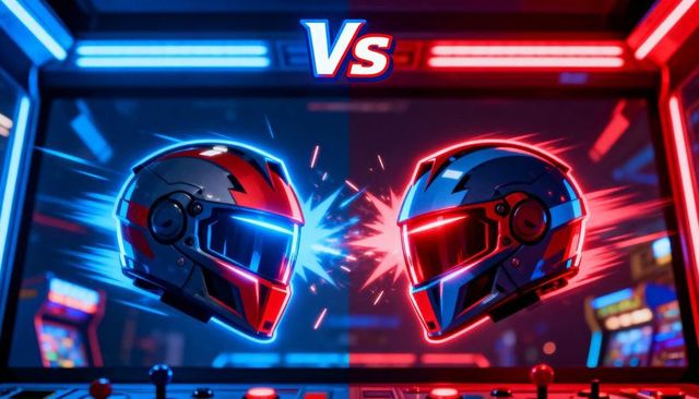 Neon helmet duel arcade: futuristic vs faceoff with sparks, glowing visors, game controls
