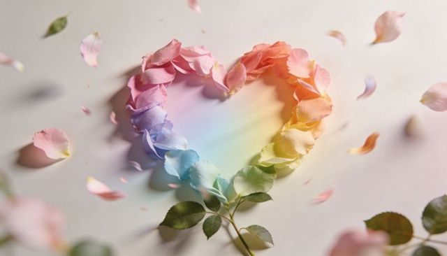 Pastel rainbow heart forming from rose petals with scattered leaves and soft light