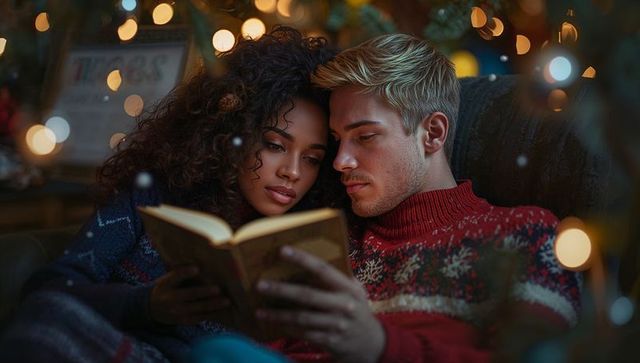 Relaxed Couple Reading Book in Festive Living Room