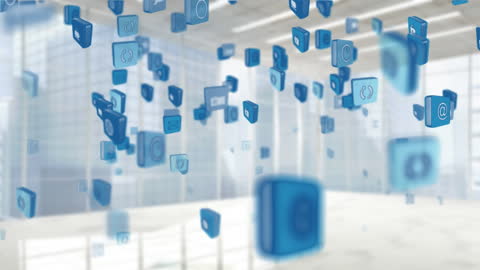 Floating Social Media Icons in Modern Office Environment