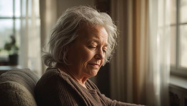 Elderly woman sitting contemplatively by window, gazing thoughtfully in sunlit cozy interior