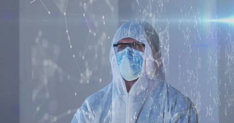 Scientist wearing full protective coverall and respirator with futuristic network overlay