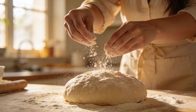 Home baker sprinkling flour over dough on sunlit wooden countertop with rolling pin