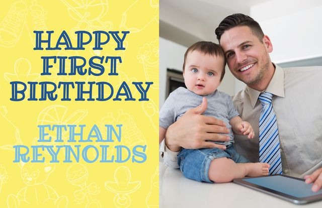 A father and his baby enjoy a joyful moment celebrating the baby's first birthday. The father, dressed in office attire, holds his smiling baby close, creating a heartwarming scene perfect for use in family-related content, birthday invitations, parenting articles, or advertisements for children's products.