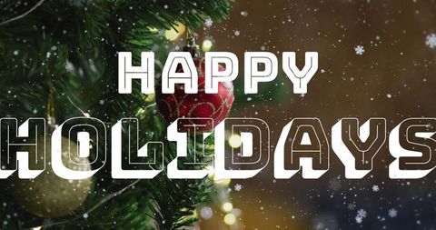 Festive Holiday Baubles on Christmas Tree with Snowflake Overlay