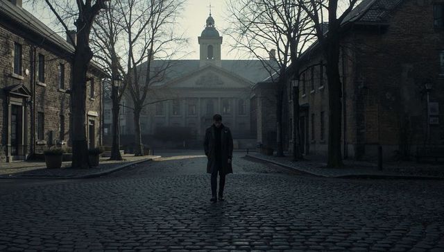 Walking man in dark coat holding briefcase on cobblestone street with neoclassical cupola