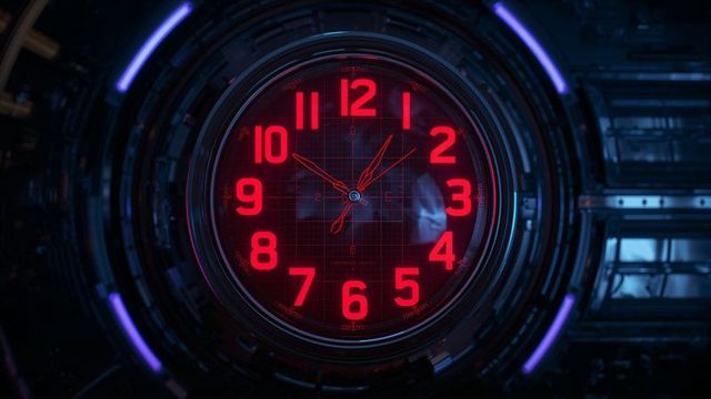 Futuristic red glowing clock in high-tech interface