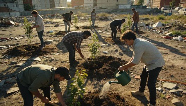 Volunteers planting trees in urban lot revitalizing neighborhood through community greening
