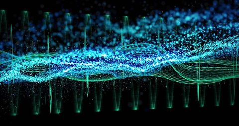 Flowing turquoise and blue particles on dark digital canvas