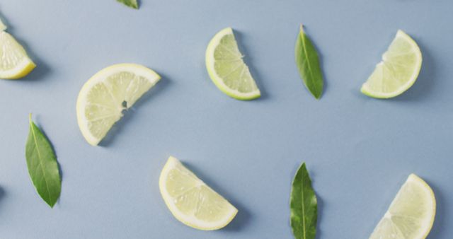 Image of slices of lemon and mint leaves lying on blue background. food, fruits, citrus, freshens and refreshment concept.