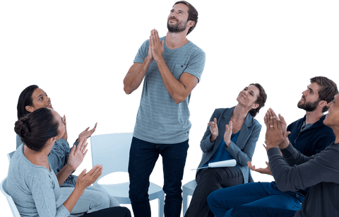 Transparent group supporting standing man in rehab session