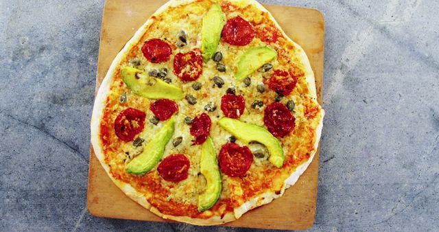 Homemade Pizza with Pepperoni, Avocado, and Capers on Wooden Board - Download Free Stock Images Pikwizard.com