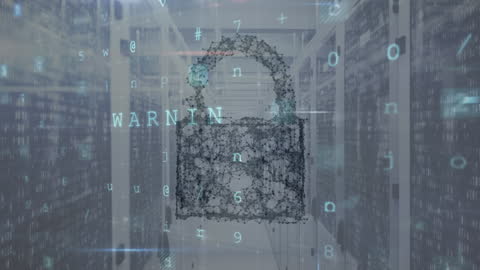 Digital Padlock Overlay on Data Server Room Representing Cyber Security