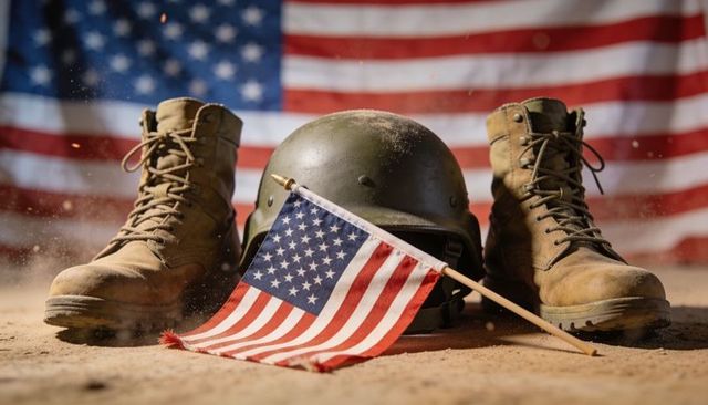 Military memorial display with helmet and combat boots on dusty ground with american flag