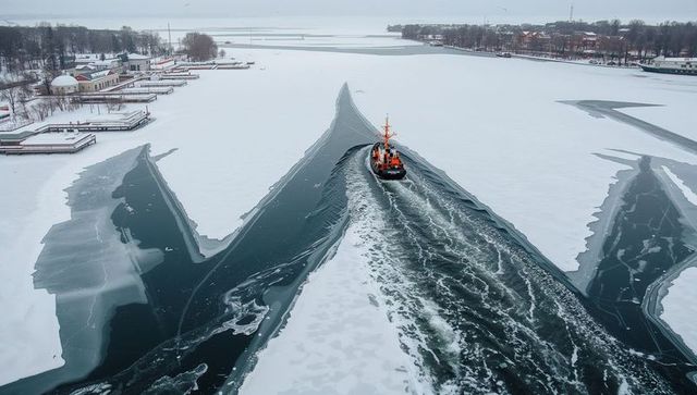 Orange icebreaker cutting wide channel through frozen harbor, carving clear winter passage