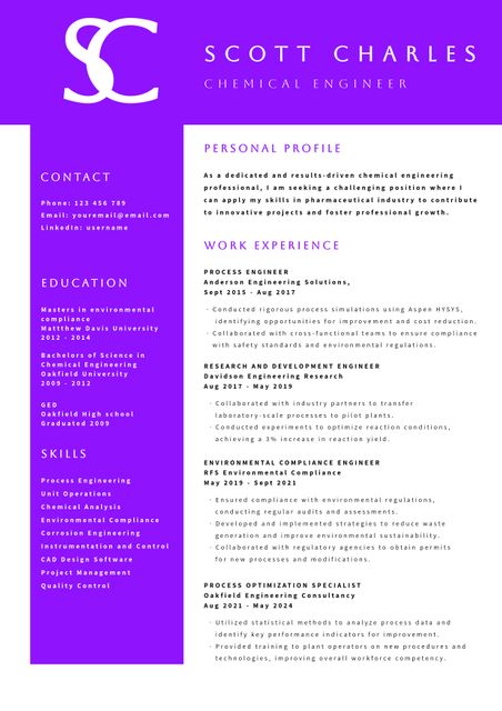 This bold purple resume template is ideal for chemical engineers seeking to showcase their expertise and professional journey in a visually appealing manner. It includes sections for personal profile, work experience, education, and skills, offering a comprehensive view of the candidate’s qualifications. Use this template to make a strong impression in job applications, highlighting key achievements and competencies in an organized and professional format.