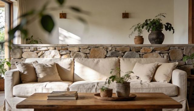 Showcasing beige linen sofa, rustic coffee table and indoor plants in cozy living space