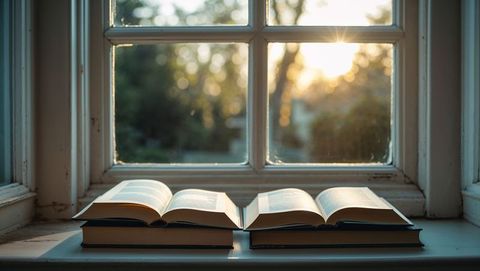 Two open books on sunlit windowsill creating calming atmosphere