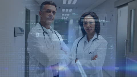 Tech-Savvy Doctors with Data Overlay in Modern Hospital