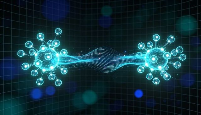 Glowing digital nodes connecting by flowing particle ribbon on curved wireframe grid