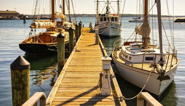 Weathered pier leading between classic sailboats moored in calm harbor at golden light
