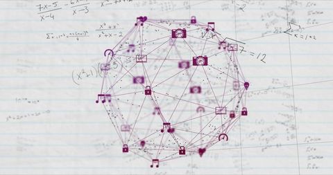 Magenta network orb pulsing digital icons over math notebook for stem learning